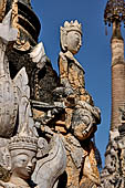 Elaborate figures carved in stucco decorate the ancient stupas, Kakku Buddhist Ruins. Shan State in Myanmar (Burma).